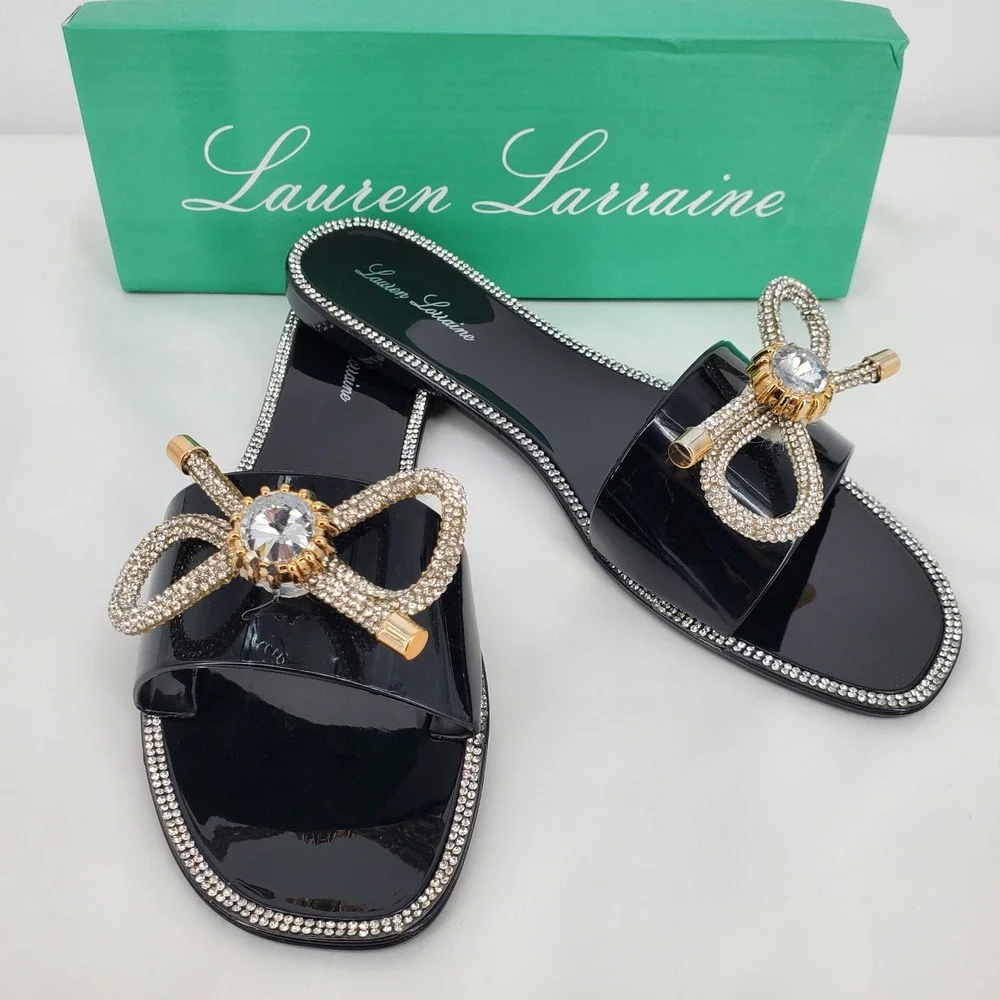 Lauren‎ Lorraine Breeze Black Jelly Slide Sandals Rhinestone Bow Womens 7.5 New